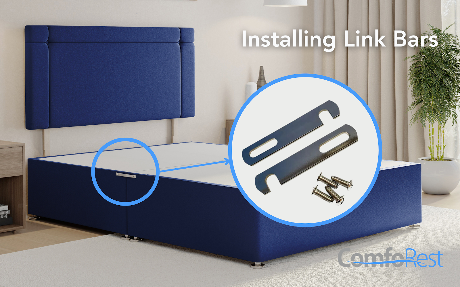 Guide to installing link bars on a divan bed for secure base connection. Improve bed stability with easy assembly hardware