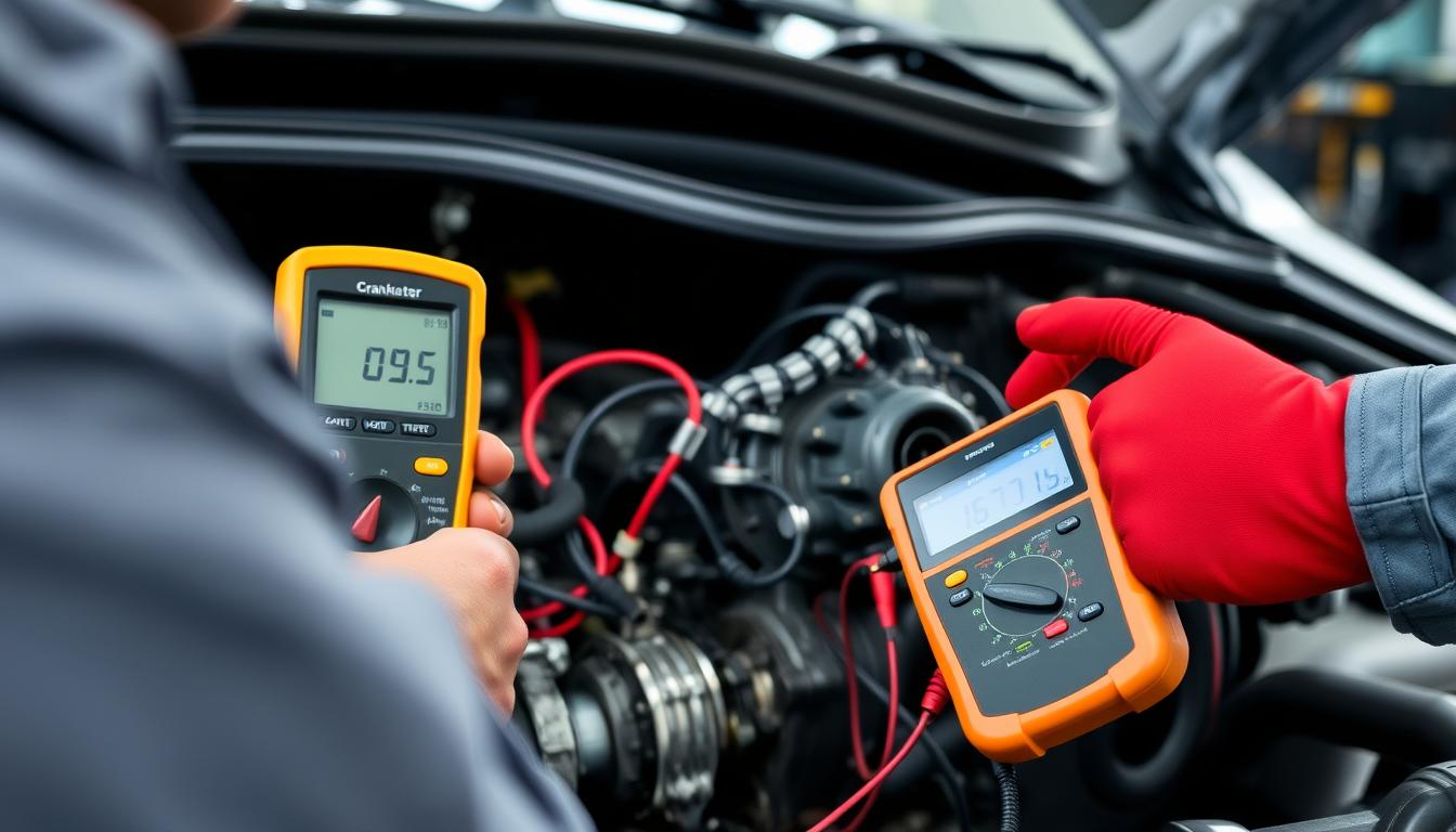 Mechanic using diagnostic equipment to test crankshaft position sensor circuit
