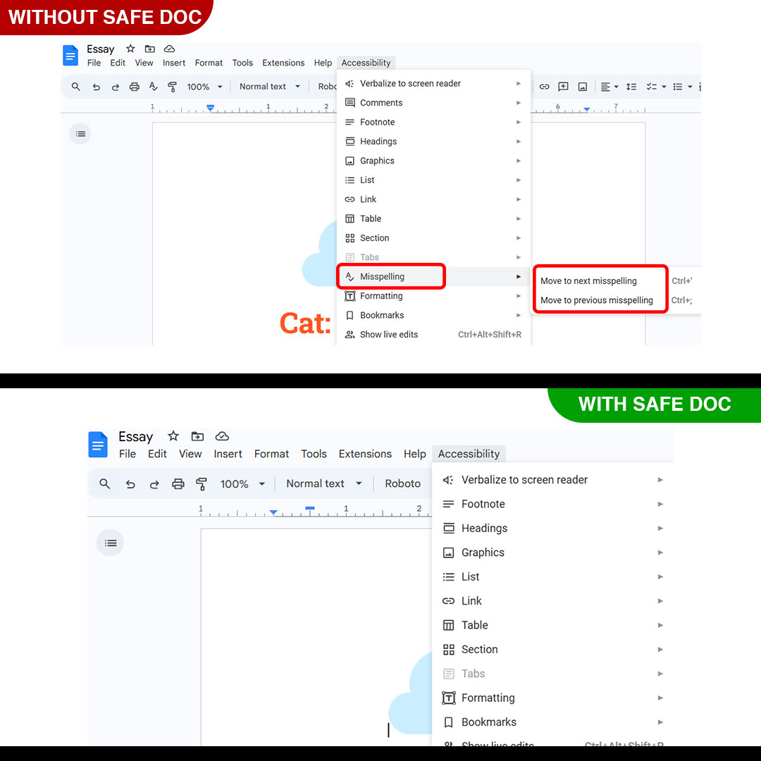 xFanatical Safe Doc removes the Accessibility > Misspelling menu in Google Docs