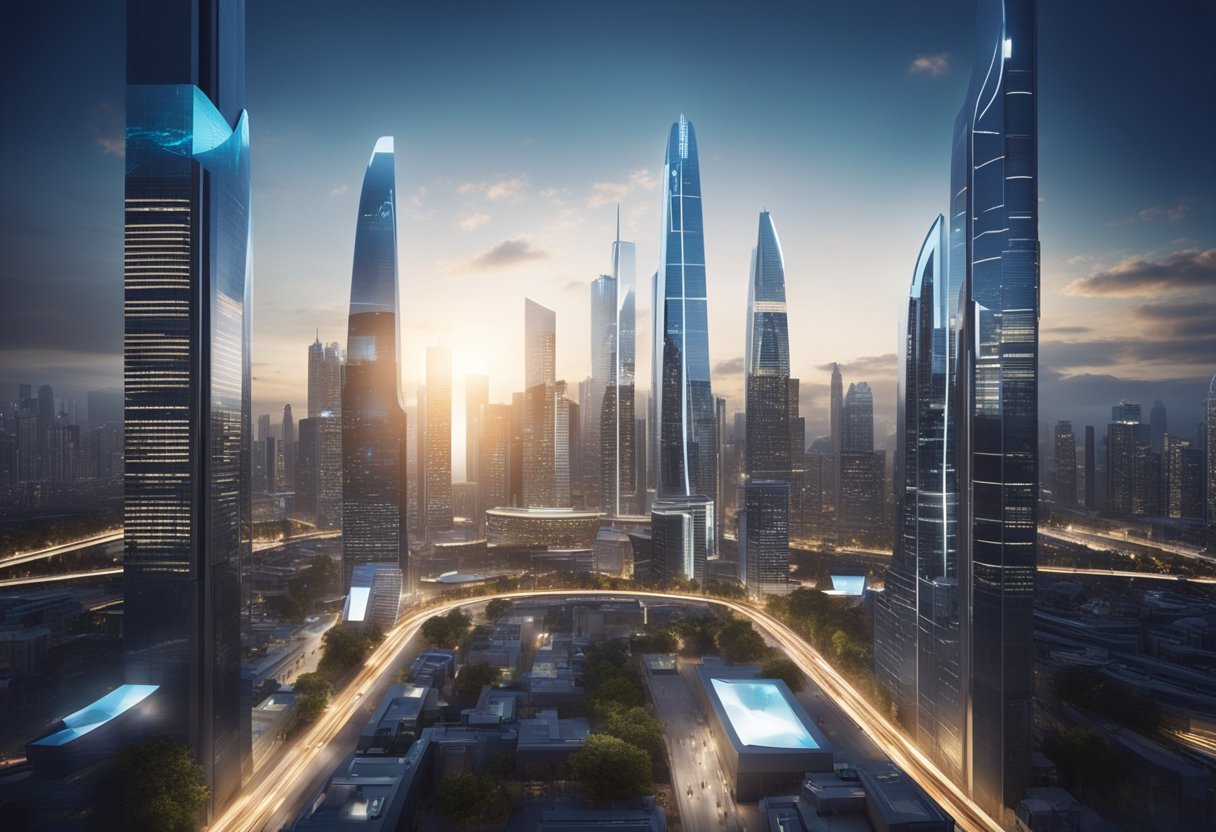 A futuristic cityscape with skyscrapers and digital billboards displaying graphs and charts, symbolizing growth and success for a tech startup