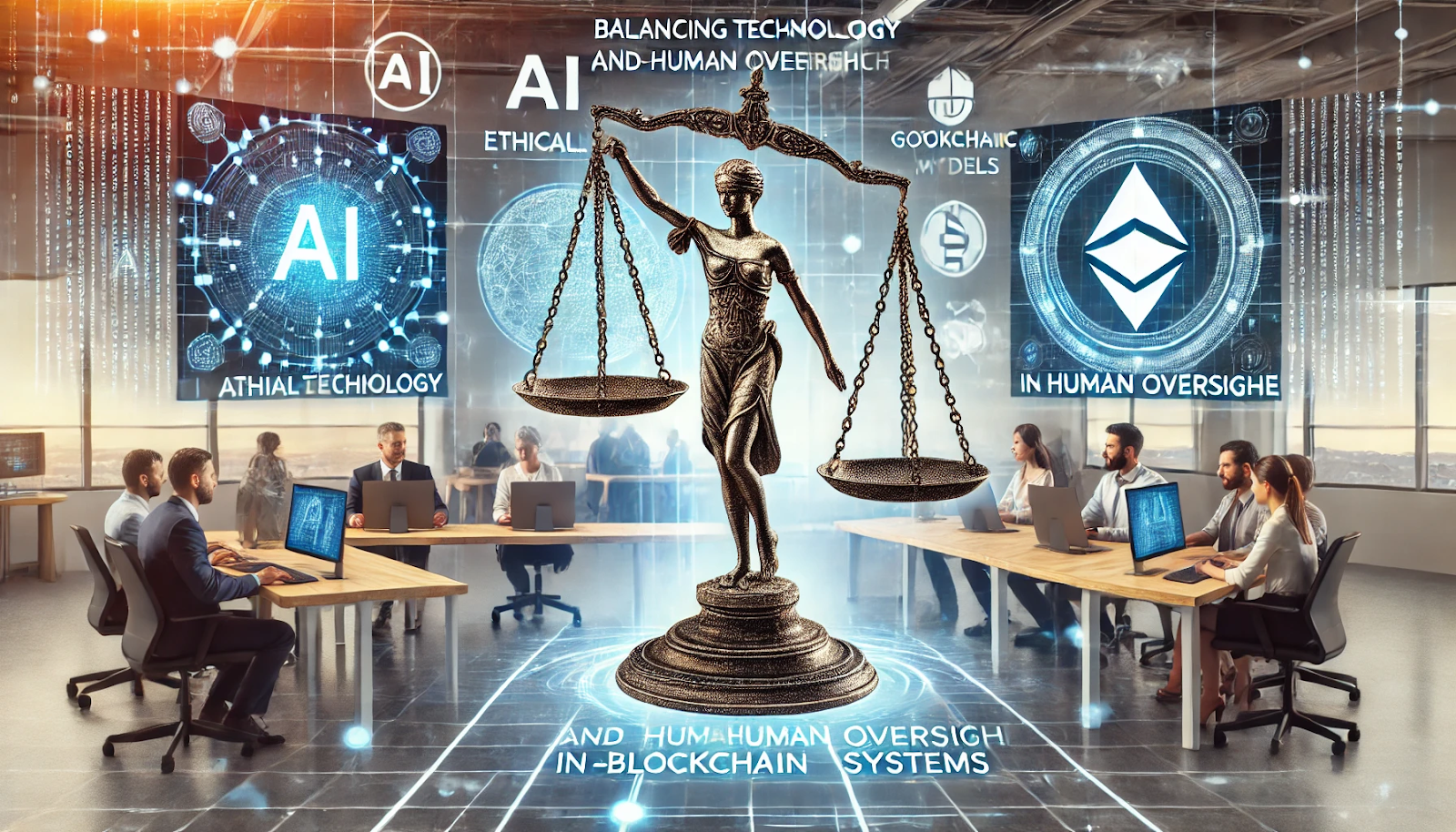 An image of a scale balancing AI and blockchain symbols on one side and a human figure on the other, symbolizing the integration of technology with human governance and ethical considerations.