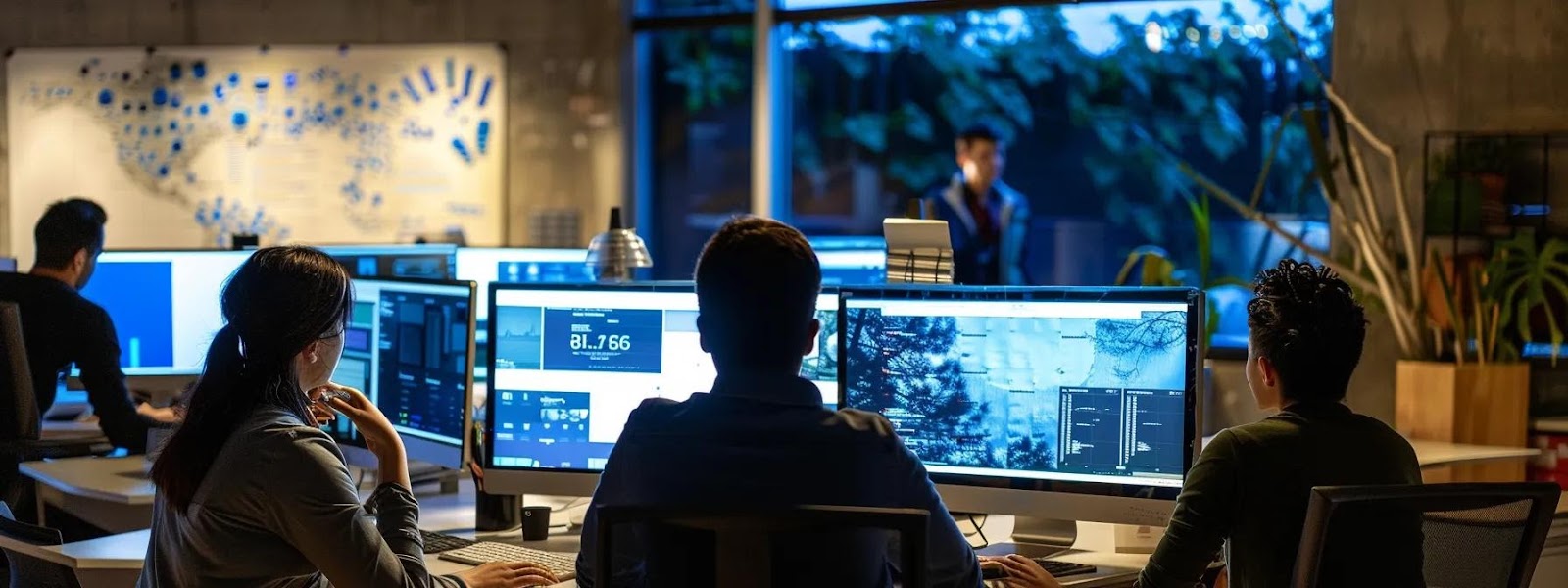 a sleek, modern office environment in san jose, featuring a dynamic team discussing cutting-edge web design on high-resolution monitors, illuminated by bright, focused lighting that highlights their energy and creativity.