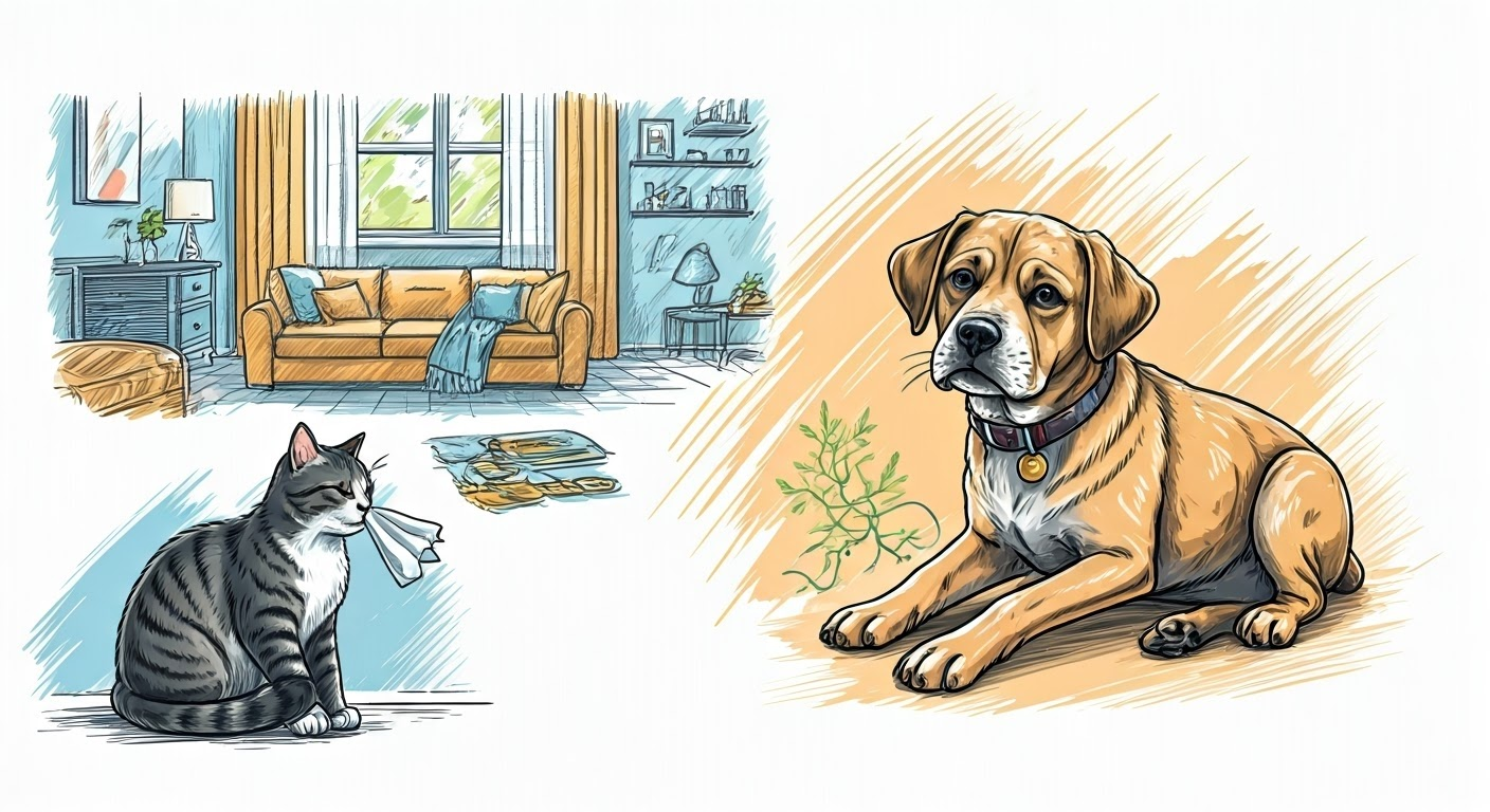 Cute sketch of cat and dog with skin and respiratory allergies.