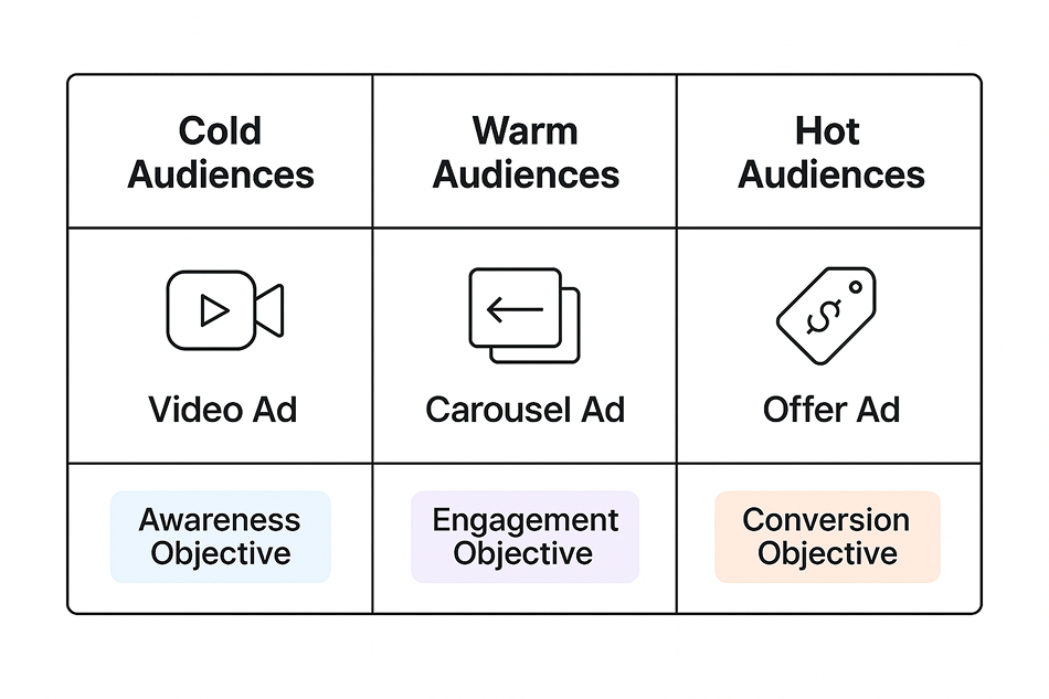 Ad creative grid showing: Cold = Video (Awareness), Warm = Carousel (Engagement), Hot = Offer Ad (Conversion) 