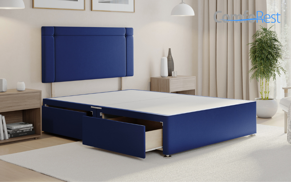 Modern blue divan bed base with spacious built-in storage drawers and a matching upholstered headboard, designed for style and functionality in a contemporary bedroom