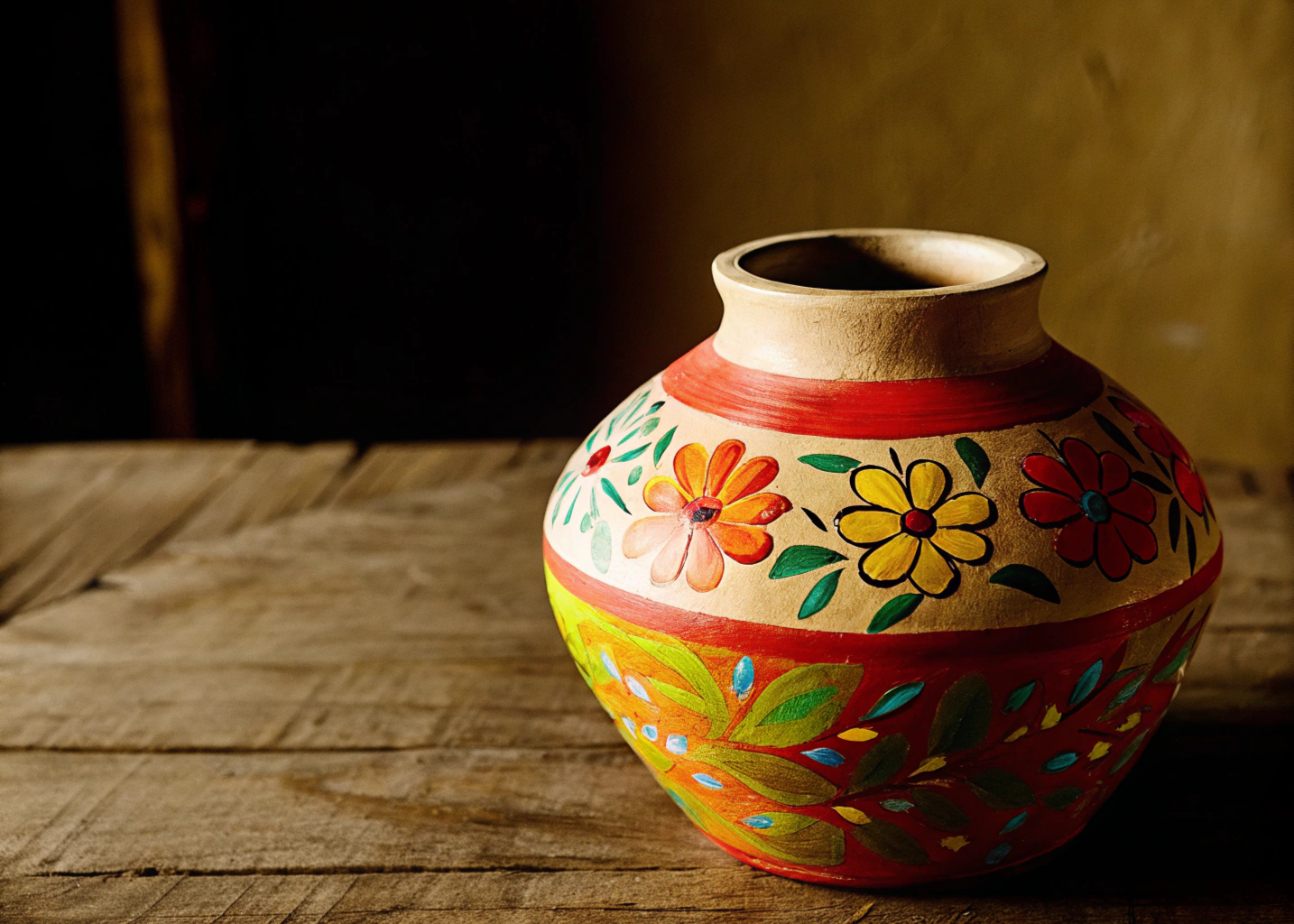 Vaso de cerâmica artesanal pintado à mão com detalhes florais vibrantes, sobre uma mesa de madeira rústica.