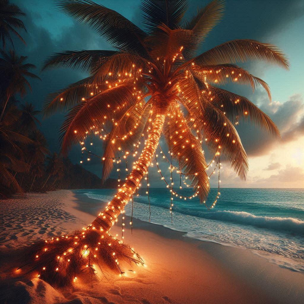 A palm tree with lights on a beach

Description automatically generated