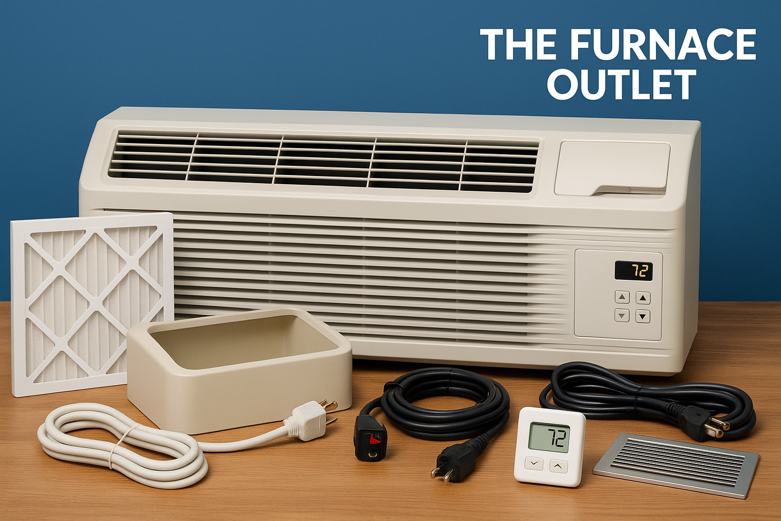 A high-resolution digital photograph showcases a PTAC unit with related accessories including power cords, air filter, wall sleeve, digital thermostat, and vent grille, all set against a clean wood surface and blue background, branded with "The Furnace Outlet"
