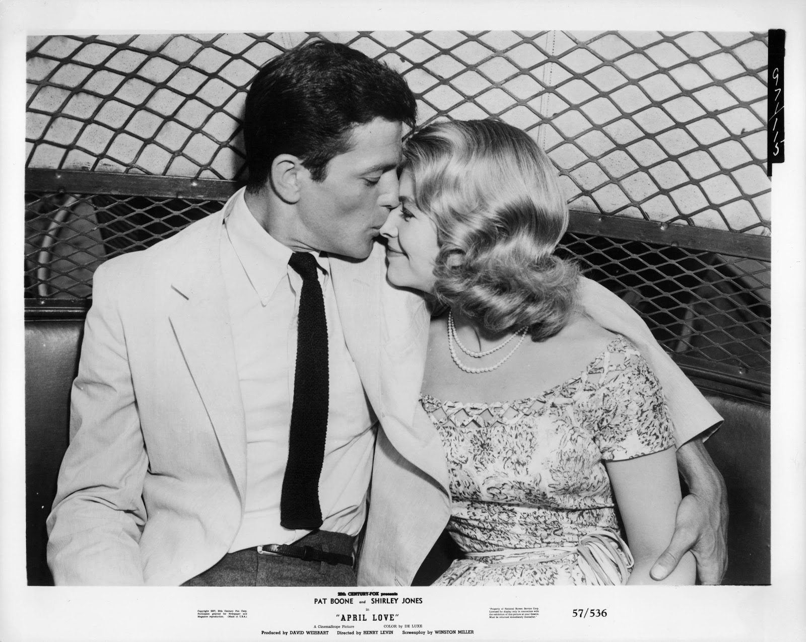 Pat Boone kisses Shirley Jones in a scene from the film "April Love," circa 1957 | Source: Getty Images