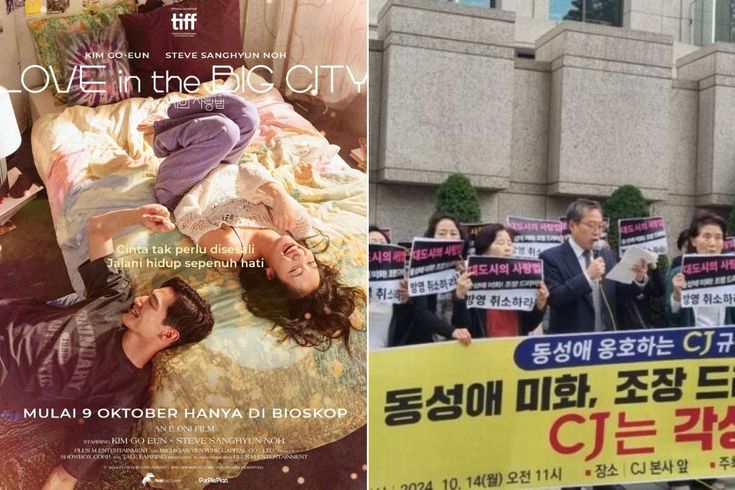 This contains an image of  jae-hee & heung-soo in a movie titled love in the big city and religious groups protesting