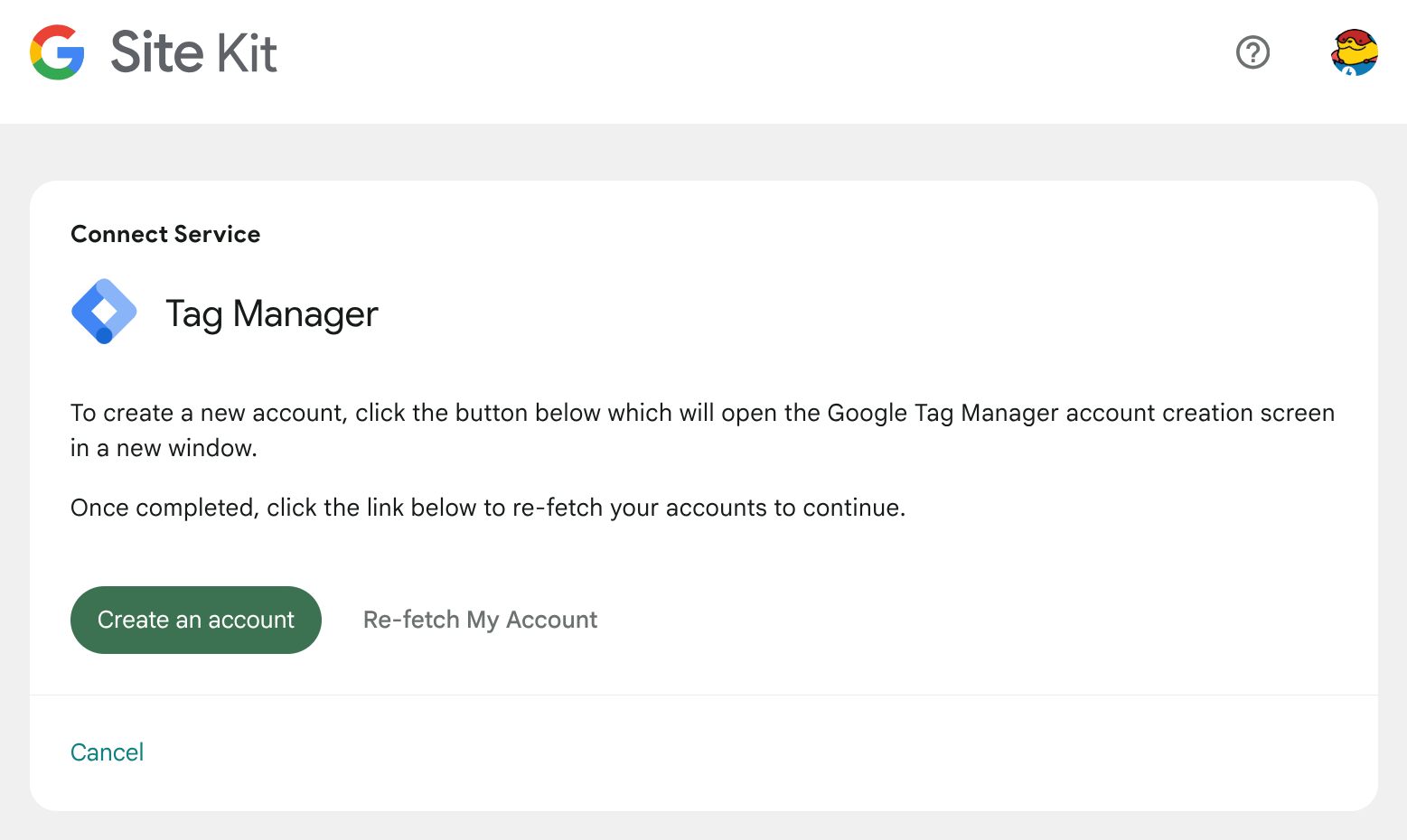 The Create an account option for Tag Manager