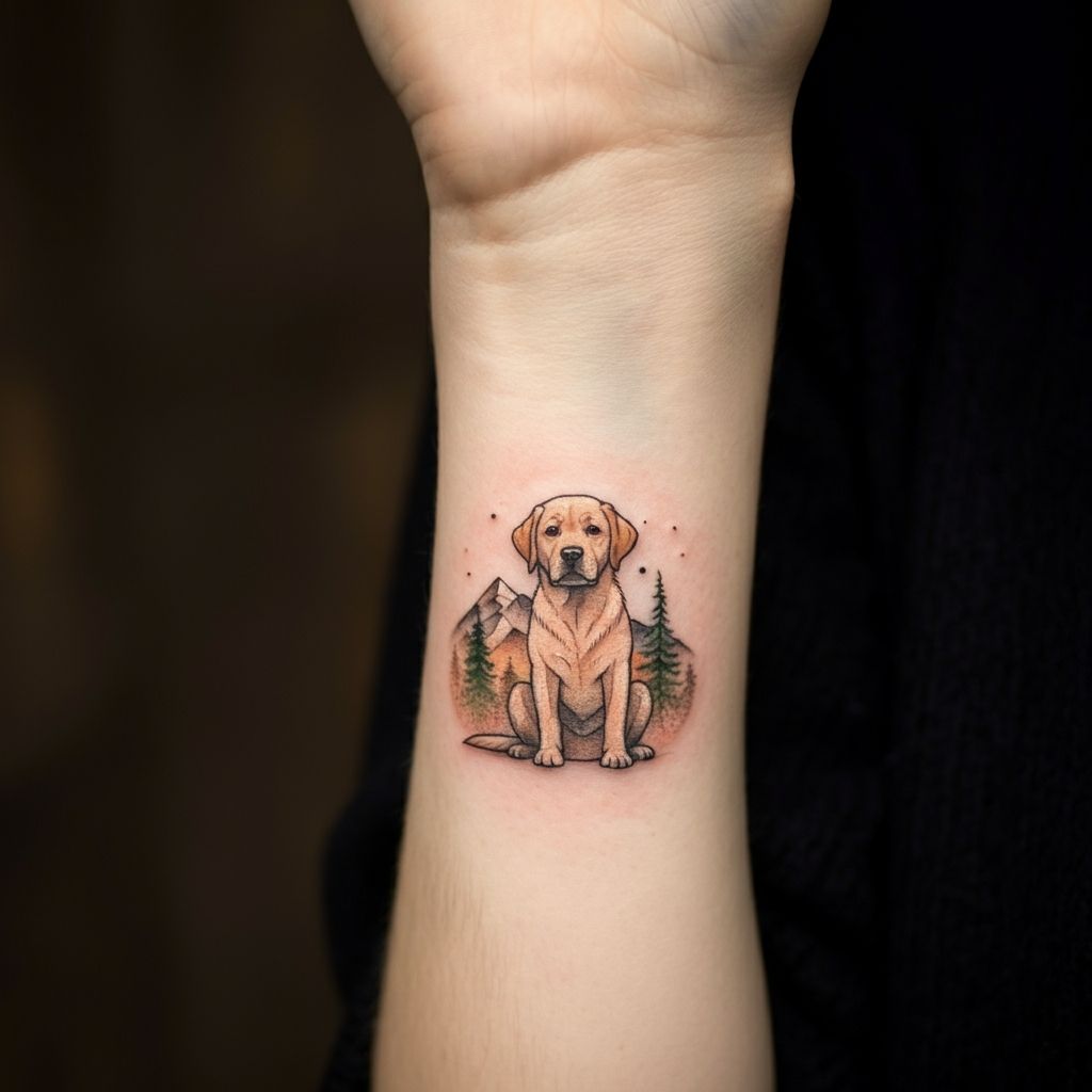 Labrador with Mountains or Nature Scene Tattoo
