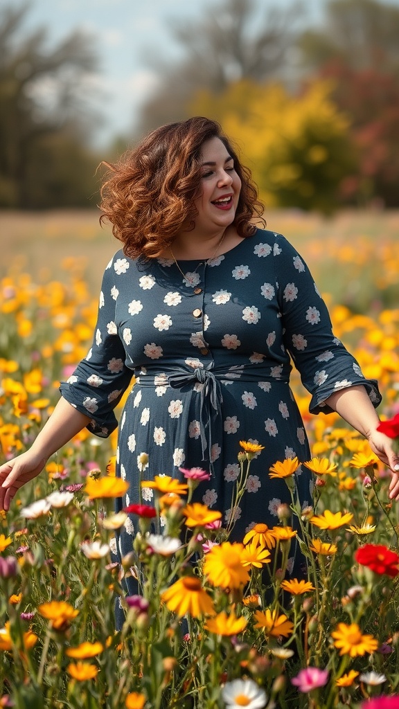 A woman with a layered curly bob hairstyle smiling in a flower field, wearing a floral dress.