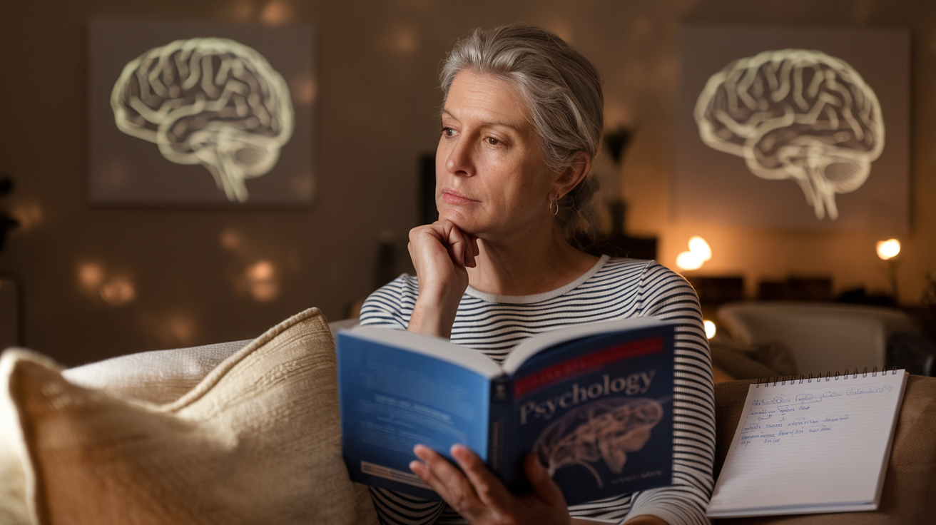 Create a realistic image of a thoughtful middle-aged woman with a contemplative expression sitting in a comfortable living room setting, holding a psychology book, with soft, warm lighting creating an intimate atmosphere, subtle brain imagery artwork on the wall symbolizing the psychological aspects of desire, and a notepad with some writing nearby representing research or self-reflection.
