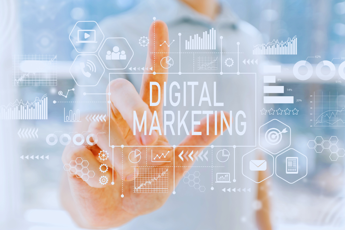 graphic depicting digital strategy with white symbols