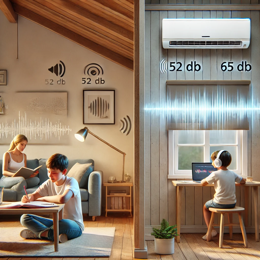 Decibel scale showing window AC noise levels (up to 65 dB) vs wall ACs (as low as 52 dB) with sleeping icons.