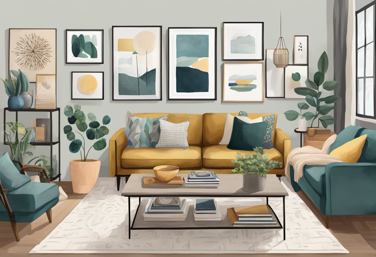 A cozy living room with a stylish, thrifted gallery wall featuring various affordable frames and art pieces. A mix of textures and colors adds visual interest