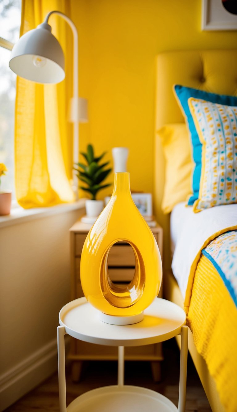 A bright yellow citrine vase sits on a bedside table in a sunny yellow bedroom, surrounded by cheerful decor and warm natural light