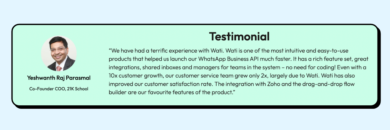 a testomonial from 21K School's co-founder for Wati 