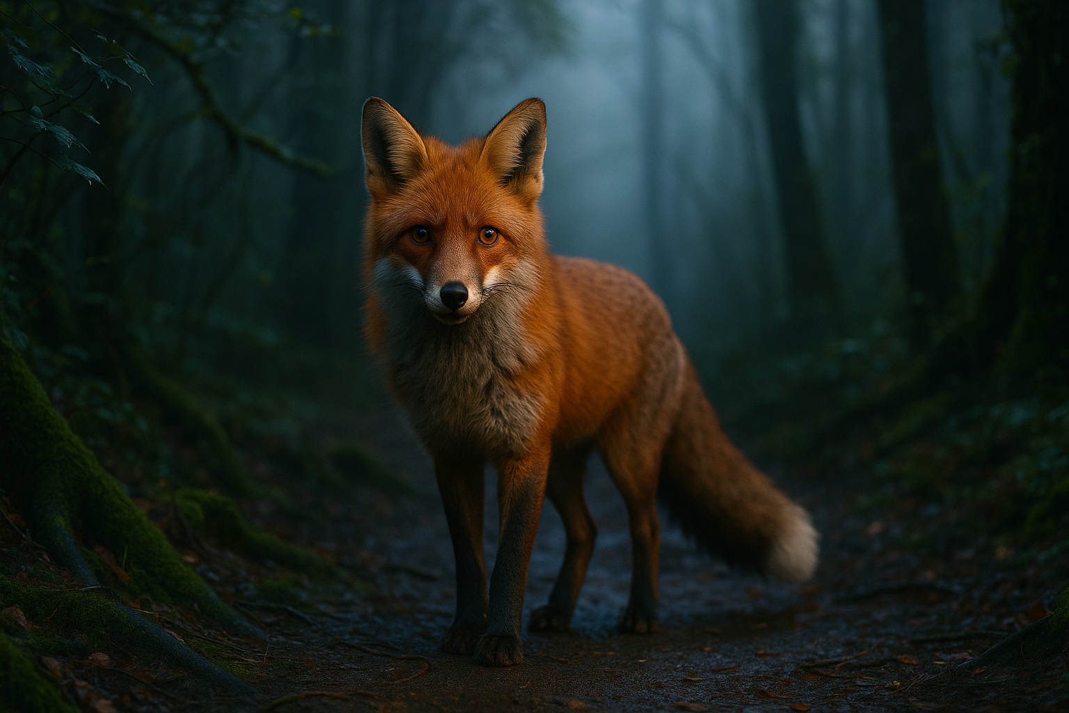 Fuchs im nebligen Wald bei Dämmerung auf einem moosigen Pfad