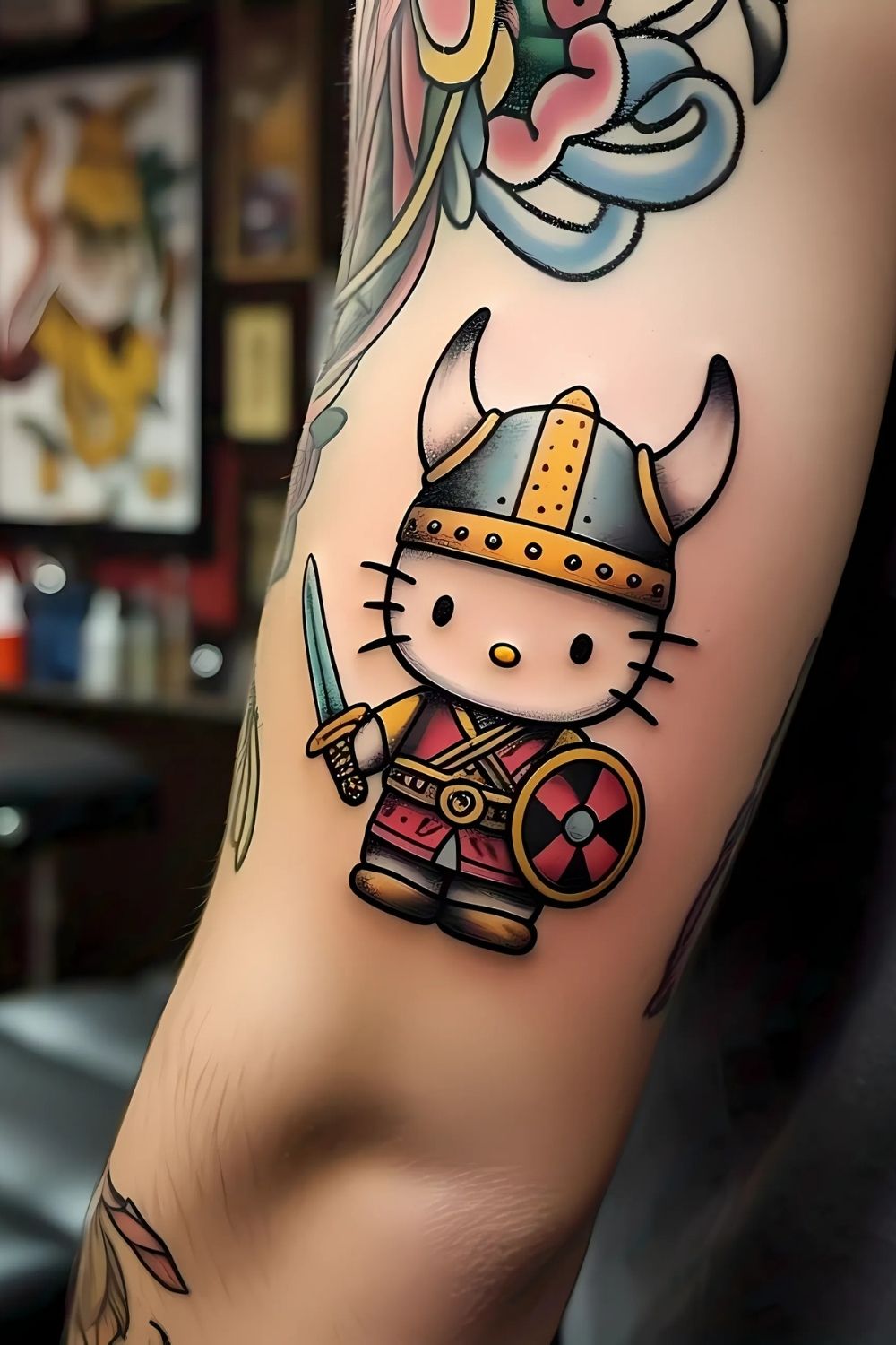 Hello Kitty as a Viking Warrior Tattoo
