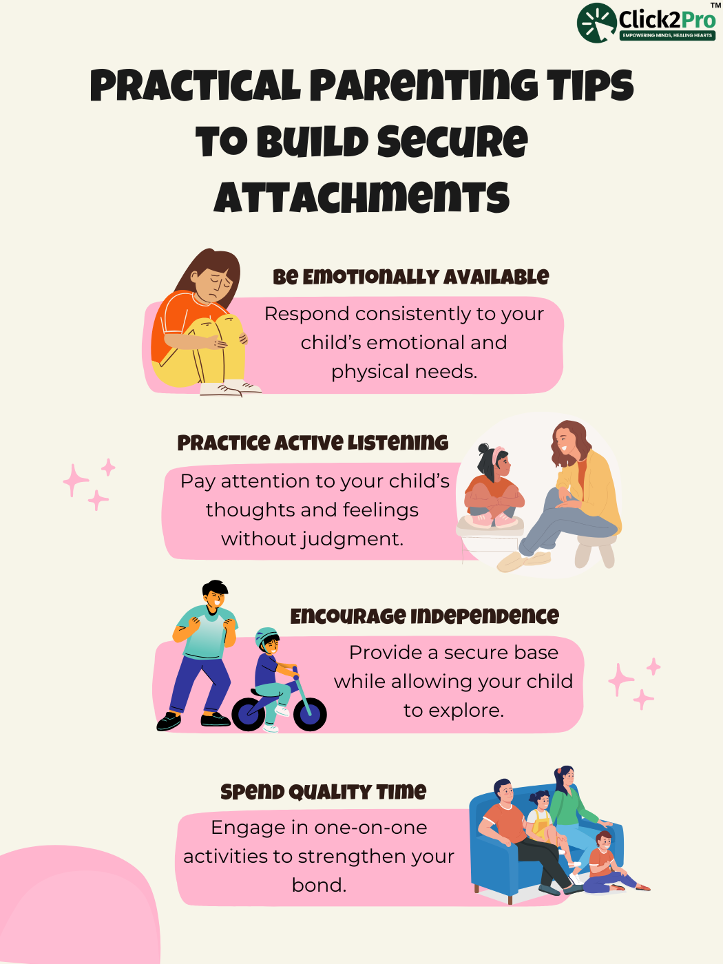 Practical parenting tips to build secure attachments: emotional availability, listening, and quality time.