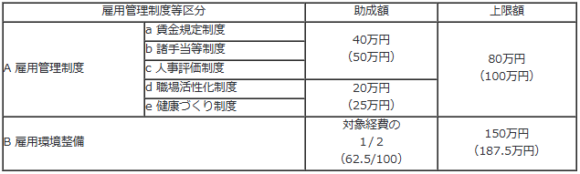雇用管理制度・雇用環境整備コースでは、雇用管理制度の導入で最大100万円、雇用環境整備のための機器の購入費や研修費用などで最大187.5万円が助成されます。