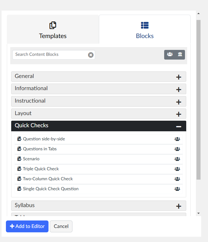 View of the Quick Start Wizard menu of options for Template and Blocks.