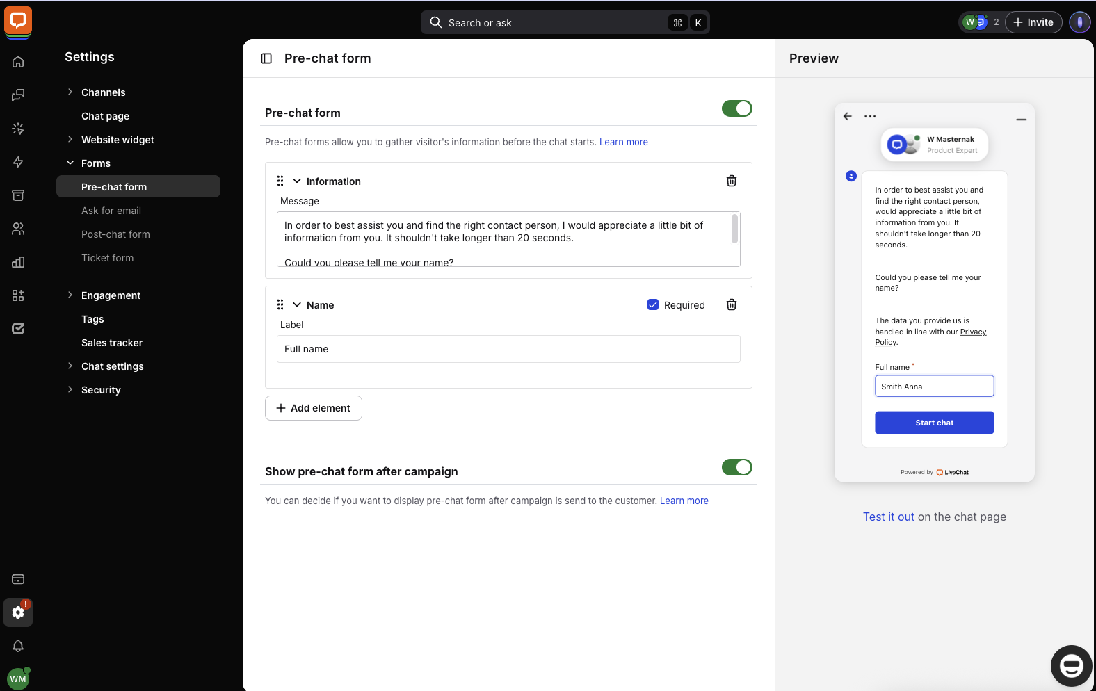 Chat form: Consent form example used.