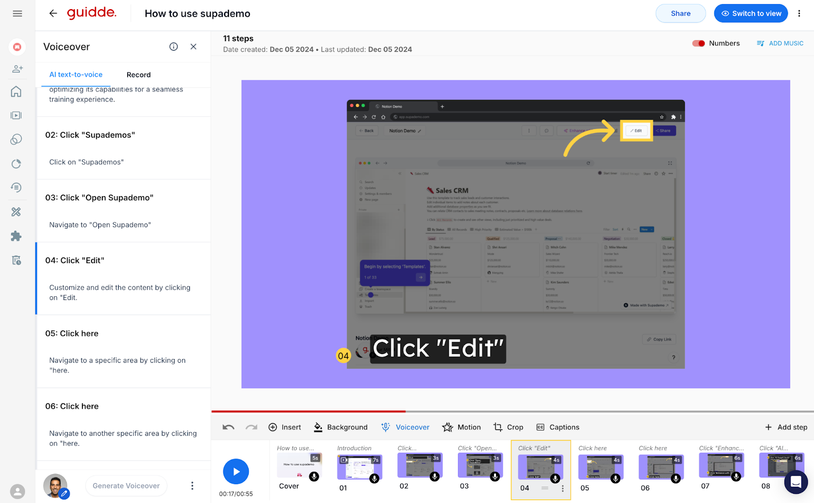 Snapshot of Guidde’s video editing interface