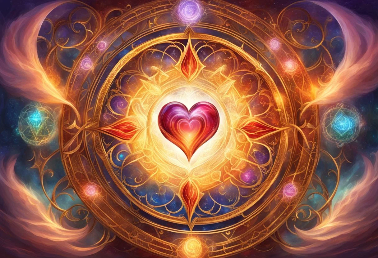 A mystical heart glowing in the center, surrounded by sacred symbols and swirling illusions