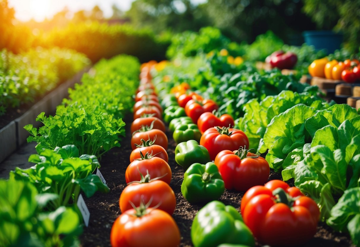 A sunny garden with 10 different types of vibrant vegetables growing in neat rows, including tomatoes, carrots, lettuce, and peppers