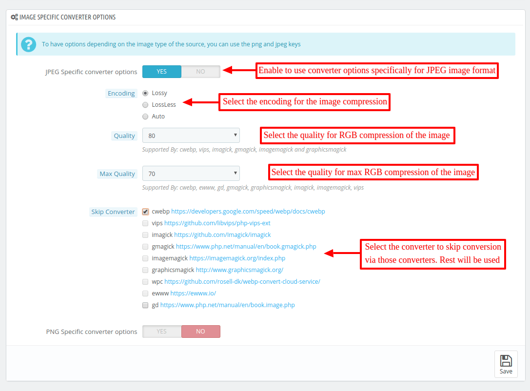 JPEG specific converter options