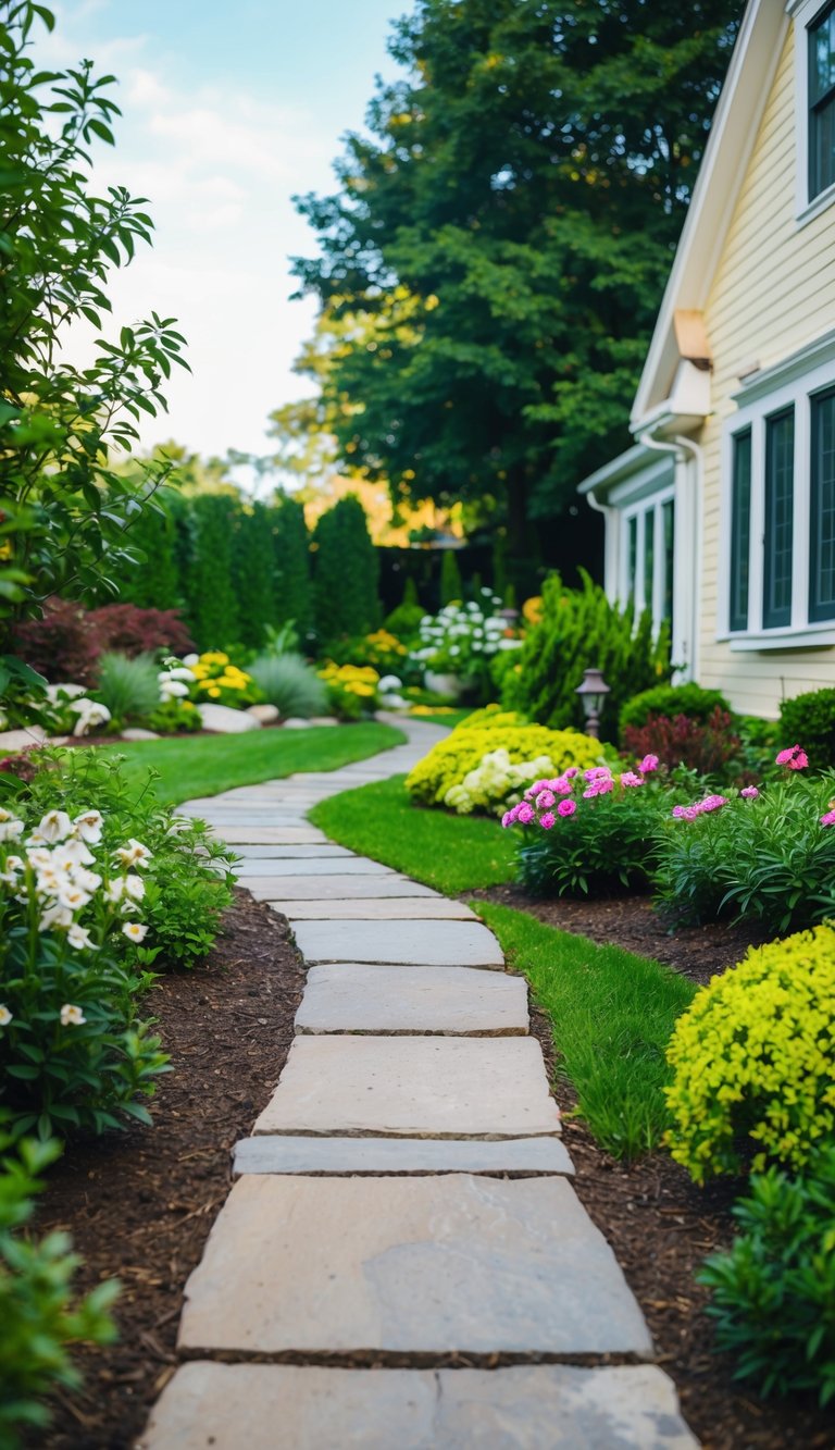 A flagstone walkway winds through a lush garden, leading to the side of a charming house. Flowers and shrubs border the path, creating a picturesque landscaping scene