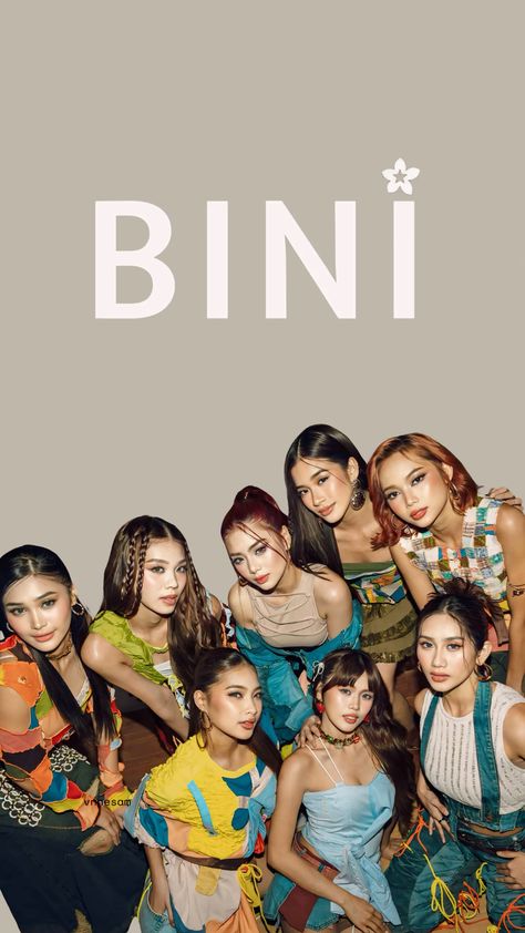  This contains an image of BINI  group members posing together in front of a grey background with the word bini on it