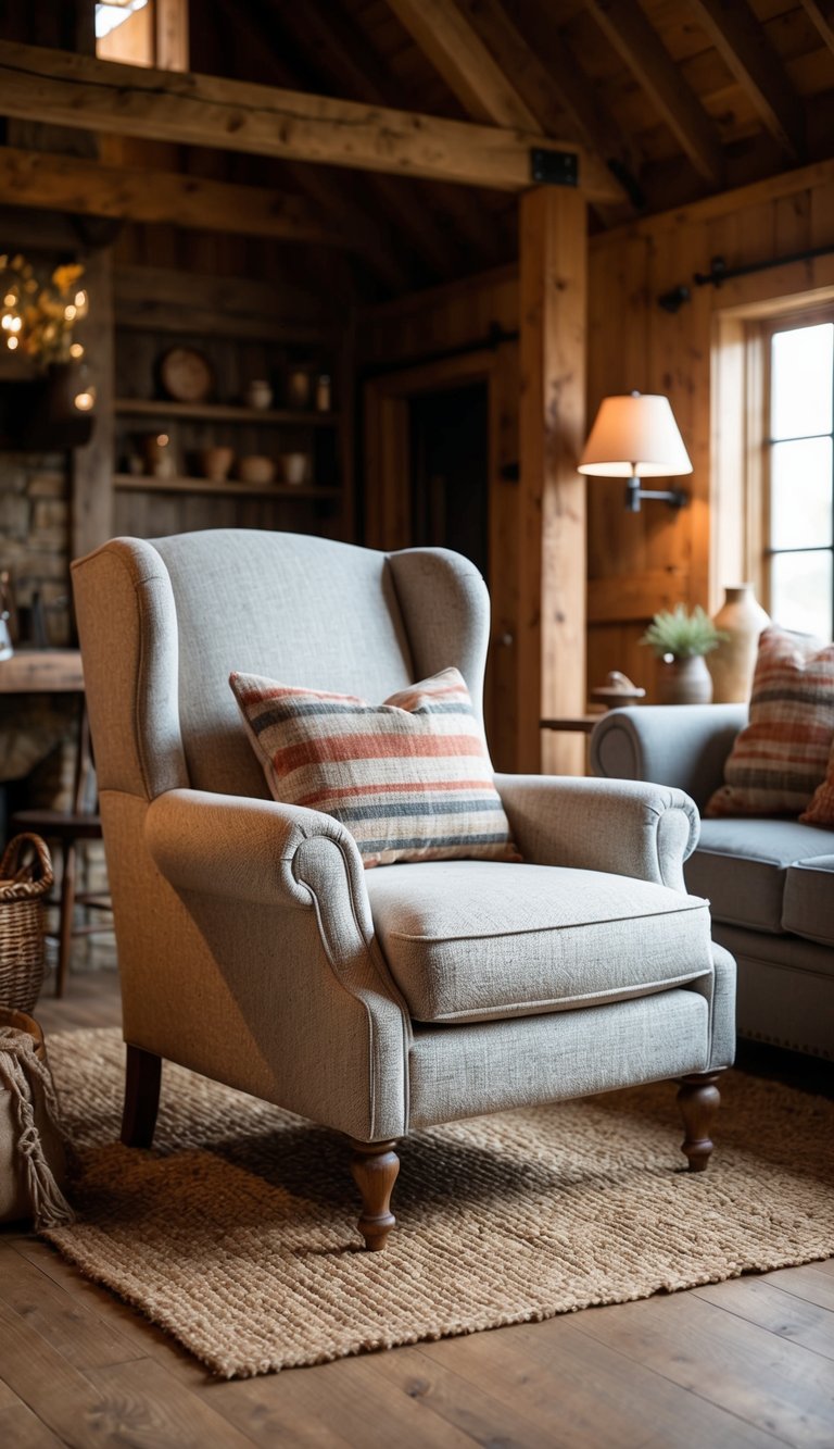 A cozy, rustic chair with a grain sack upholstery sits in a barnhouse living room, surrounded by warm, earthy decor