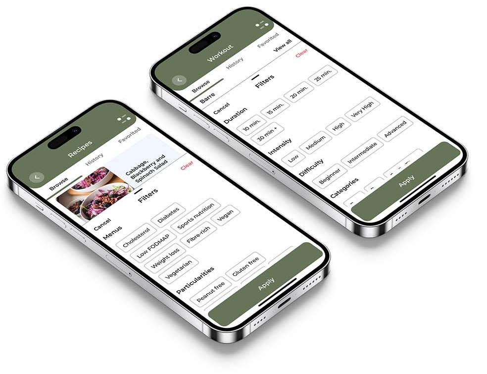 wo screenshots of the KoalaPro wellness app showing filter options for recipes and workouts, allowing users to select specific criteria such as duration, intensity, dietary regimes, and nutritional features.