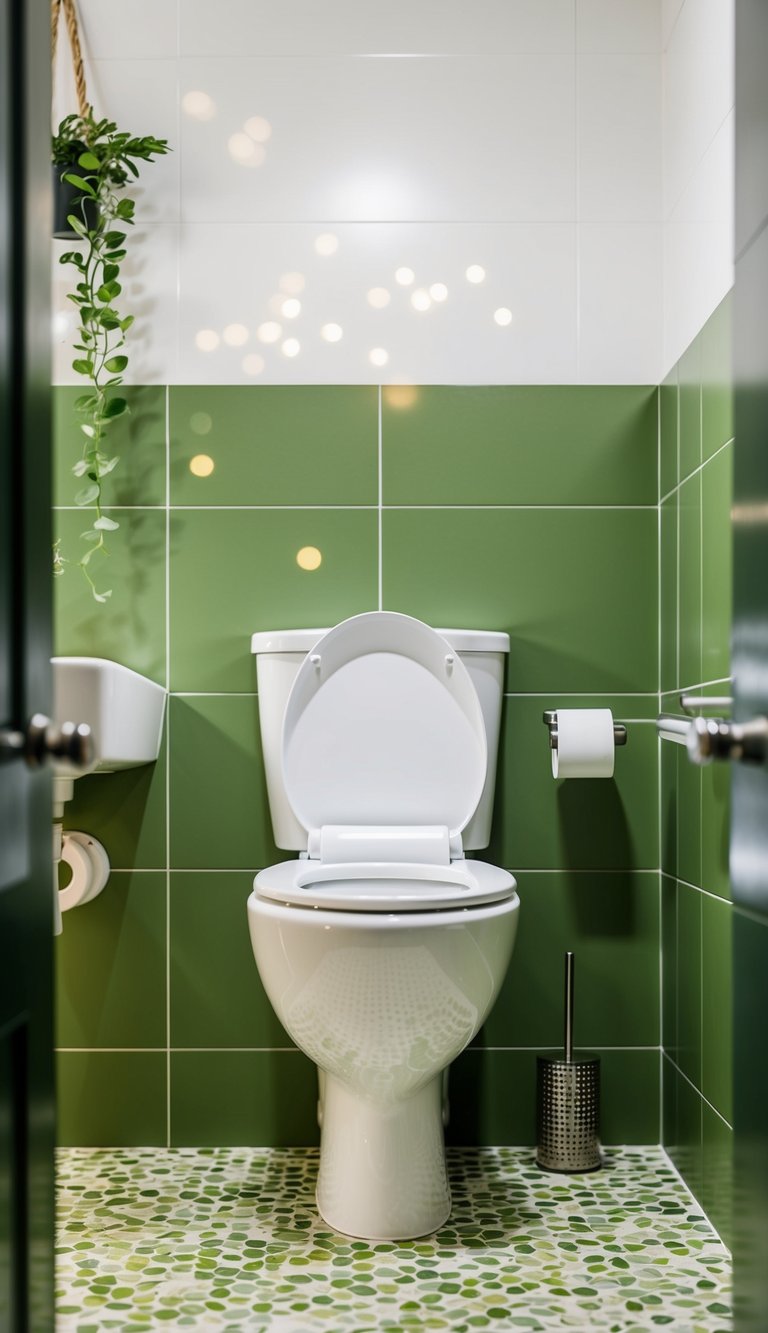 A modern dual flush toilet in a green-themed bathroom with eco-friendly design elements