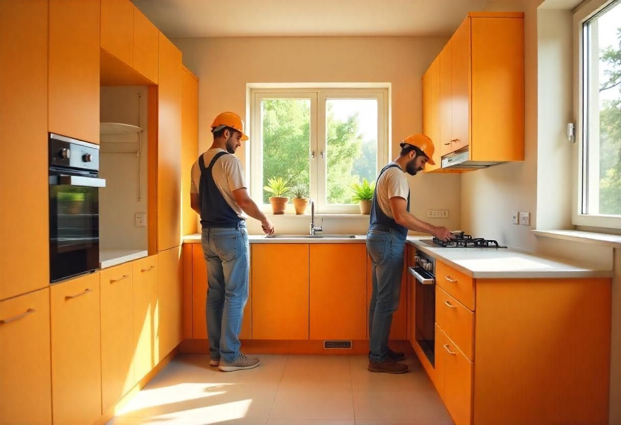 Expert installation team from Elegante Interiors ensuring precise fitting of modular kitchen units in Bengaluru home