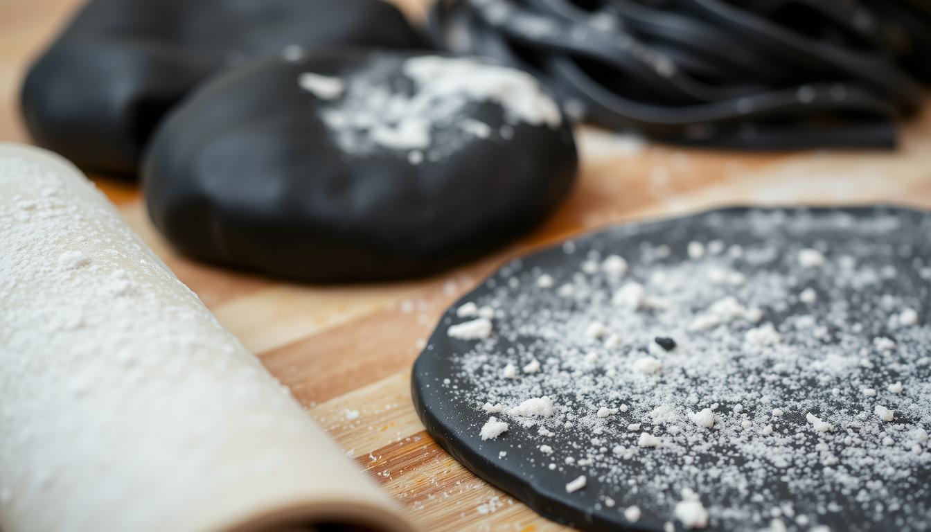 A close-up photograph of freshly made squid ink pasta dough. The dough is a striking inky black color, with a smooth, glossy texture. The surface of the dough is lightly dusted with flour, creating a subtle matte contrast. In the foreground, the dough is slightly rolled out, revealing its soft, pliable nature. The middle ground shows the dough being kneaded on a wooden cutting board, with hints of the dark color seeping through. The background is softly blurred, allowing the viewer to focus on the captivating qualities of the squid ink pasta dough. The lighting is soft and diffused, casting gentle shadows that accentuate the dimensional qualities of the dough. The overall mood is one of artisanal craftsmanship and the allure of homemade pasta.