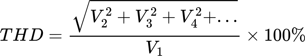 {"font":{"family":"Arial","size":11,"color":"#000000"},"backgroundColor":"#ffffff","backgroundColorModified":false,"aid":null,"code":"$$THD=\\frac{{\\sqrt[]{V_{2}^{2}+V_{3}^{2}+V_{4}^{2}+...}}}{V_{1}}\\times100\\%$$","id":"11","type":"$$","ts":1733318079556,"cs":"cB0Oi8+TDv4XJjjLCxx66A==","size":{"width":289,"height":52}}