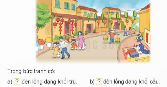 BÀI 46 KHỐI TRỤ, KHỐI CẦUI.HOẠT ĐỘNGCâu 1: Hình nào là khối trụ? Hình nào là khối cầu? Đáp án chuẩn:- Hình D là khối trụ- Hình B là khối cầuCâu 2:Mỗi vật sau có dạng khối gì? Hãy nêu tên một số đồ vật có dạng khối trụ hoặc khối cầu mà em biếtĐáp án chuẩn:a) b) Đồ vật có dạng khối trụ: Hộp sữa, lon nước ngọt , thùng nước, cái giếng, ống tre,…    Đồ vật có dạng khối cầu: viên bi, quả địa cầu, quả bóng, quả cam,…Câu 3: Quan sát tranh rồi chỉ ra hình có dạng khối trụ, hình có dạng khối cầu. Đáp án chuẩn:II.LUYỆN TẬP 