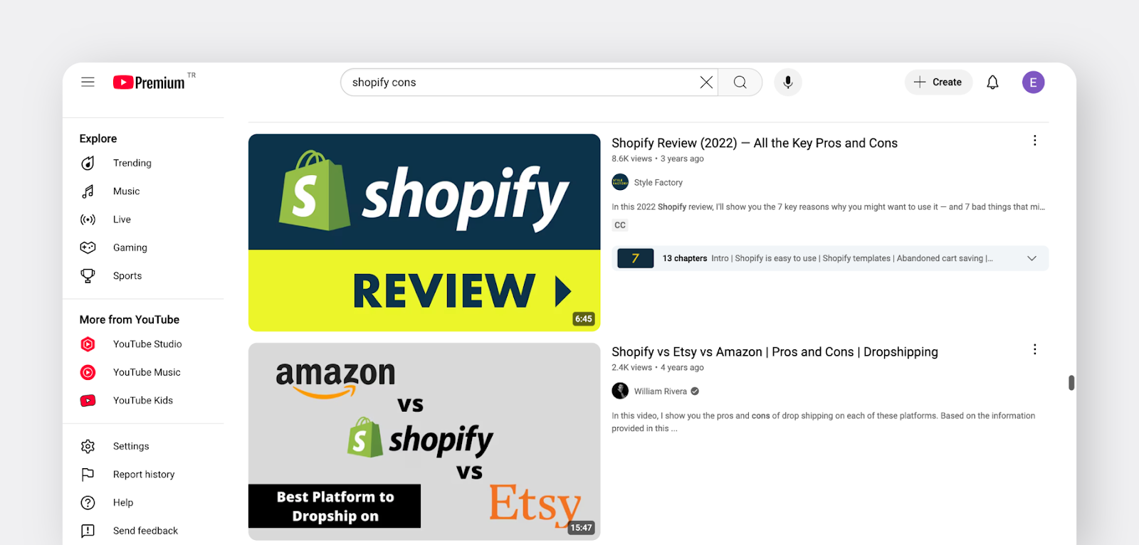 A YouTube search page displaying videos reviewing the pros and cons of Shopify.