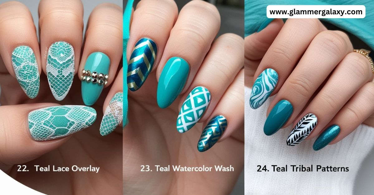 Three sets of nails with teal designs labeled 22, 23, 24 