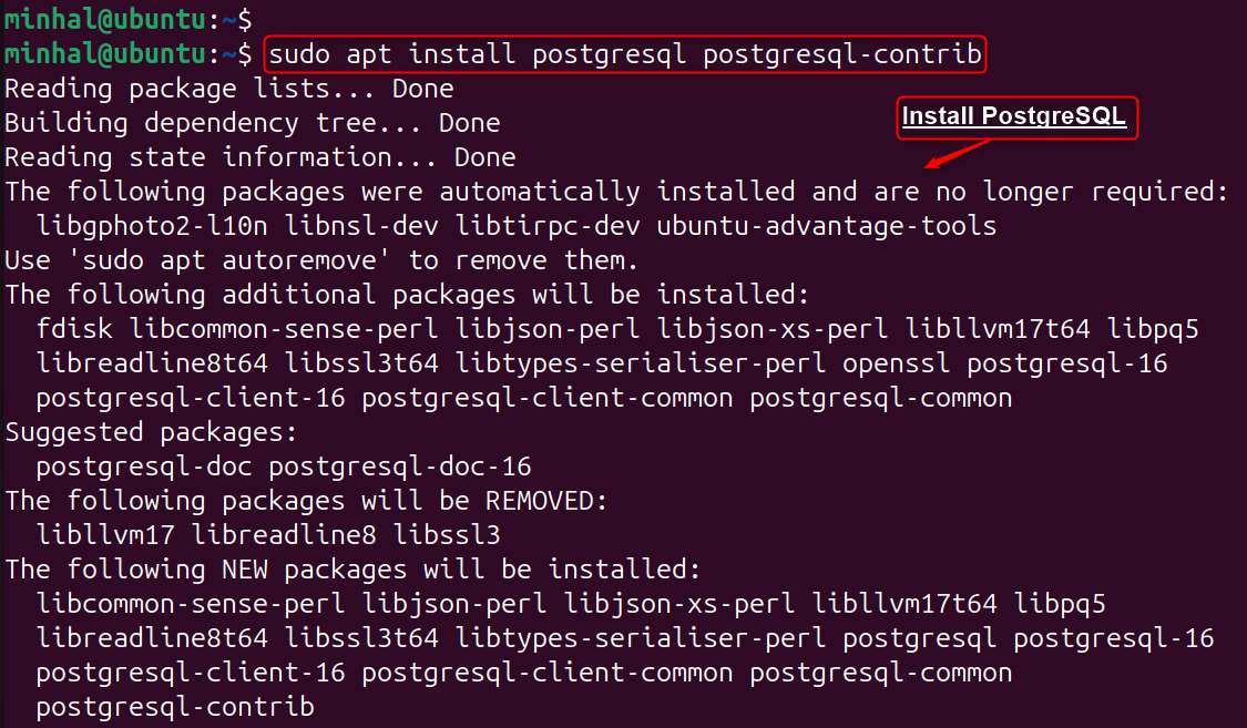 sudo apt install postgresql postgresql-contrib