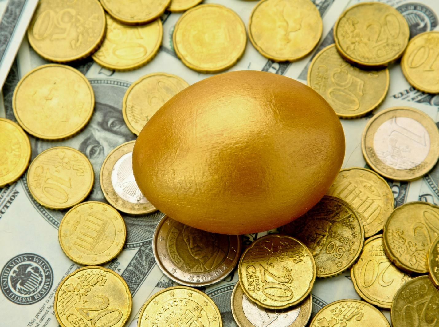 A gold egg on a pile of coins

Description automatically generated