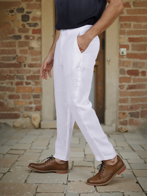 Linen Straight Fit White Casual Trouser