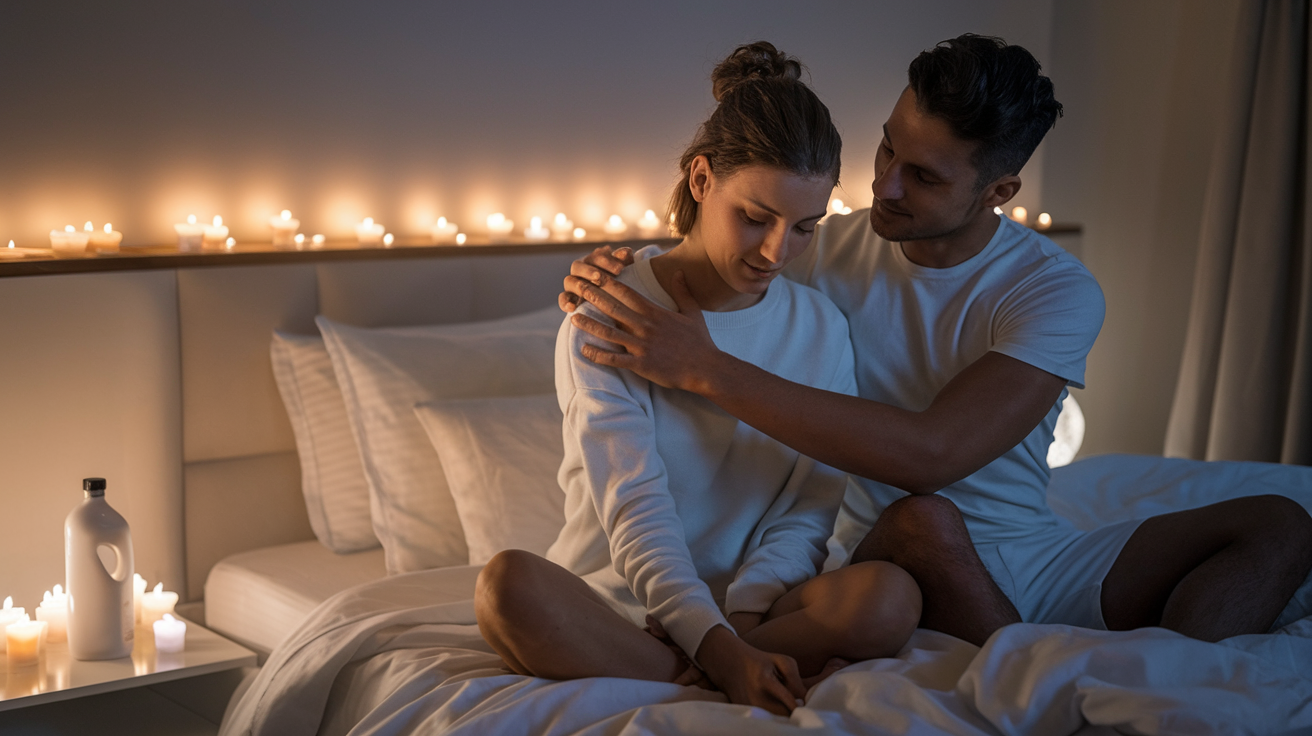 Create a realistic image of a dimly lit bedroom with soft candles, where a white male and female couple are sitting on a bed, fully clothed in comfortable attire, with the man gently massaging the woman's shoulders, creating an atmosphere of intimacy and relaxation, with massage oil bottles visible on a nearby nightstand.