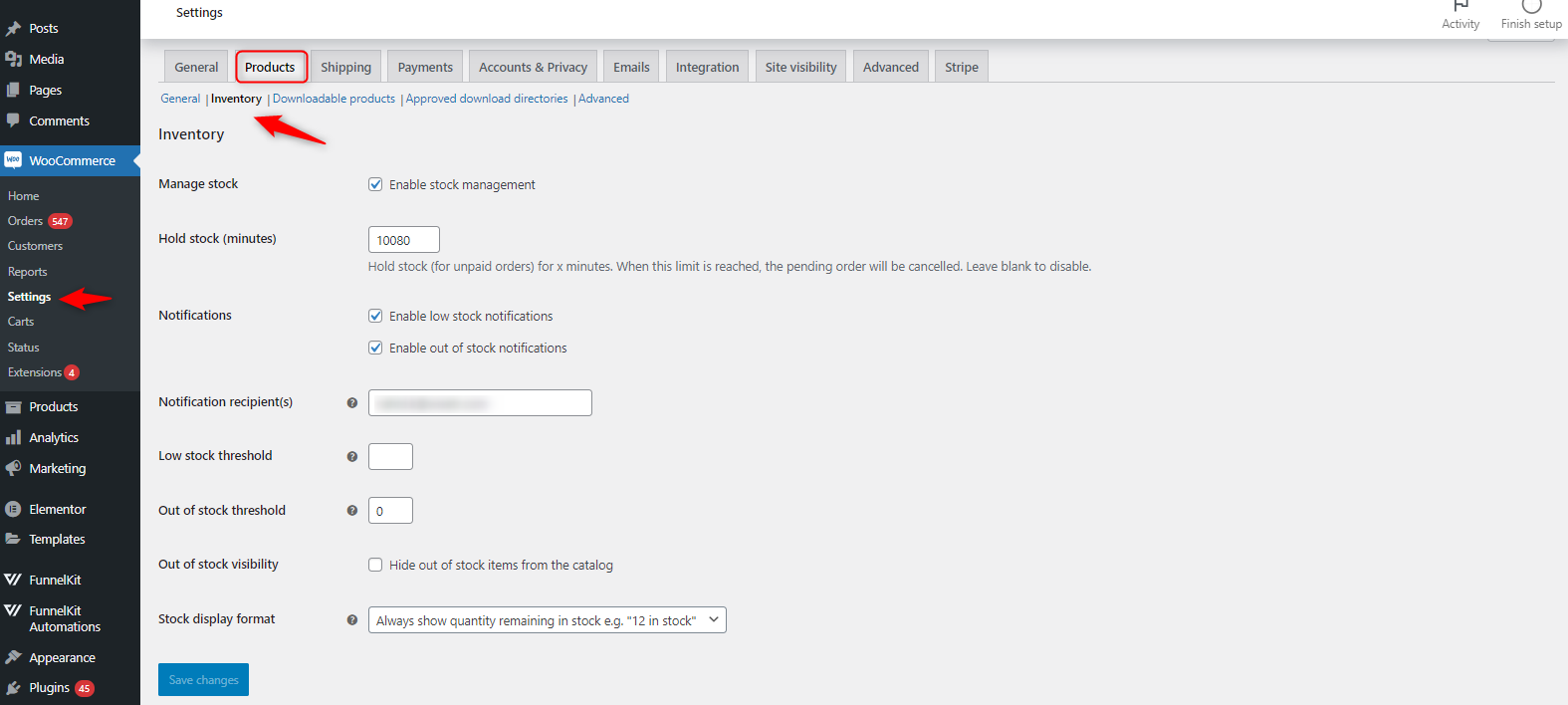 WooCommerce Low Stock Notification Email settings - woocommerce inventory