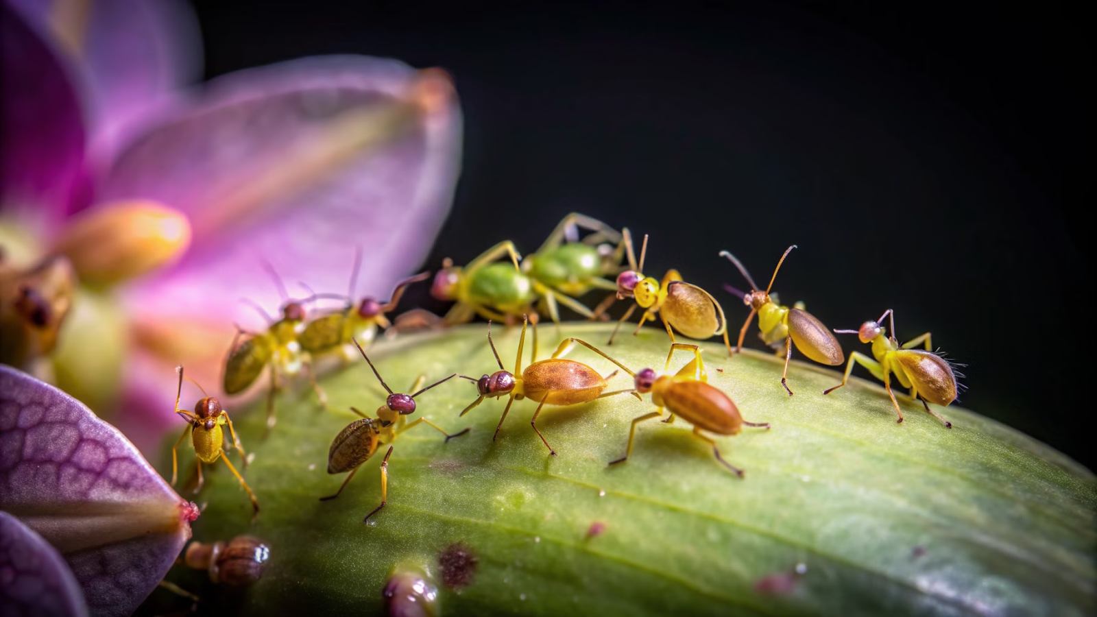 Pulgões se alimentando de um botão de orquídea